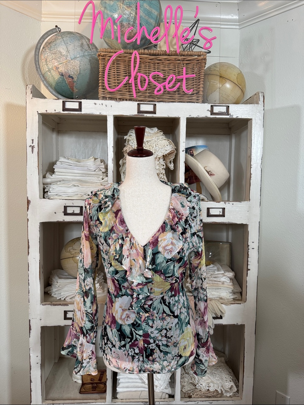 LC Lauren Conrad Black Top with Pastel Floral Trim